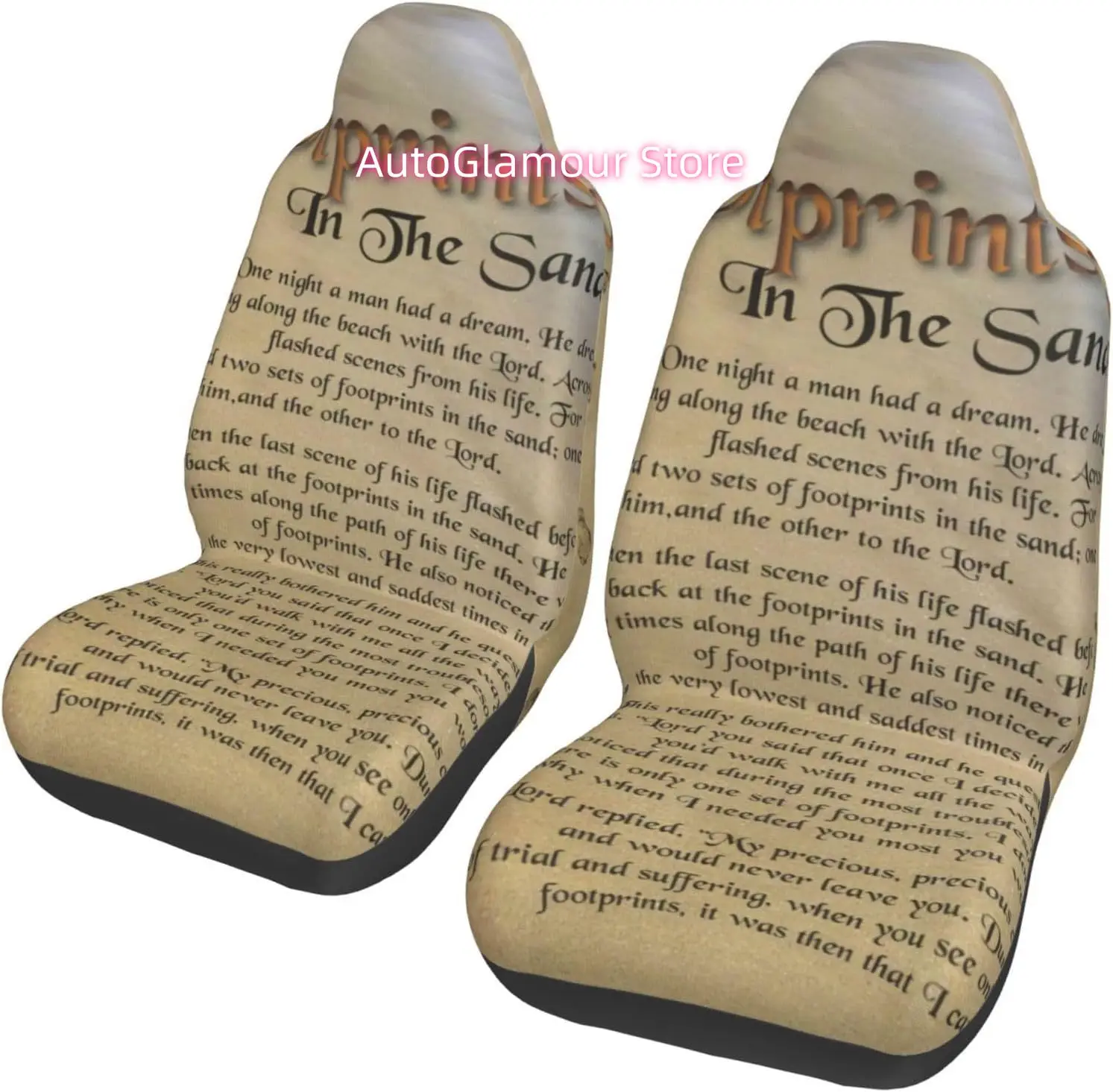 Footprints in The Sand Poem (5) 2-Piece   Seat Cover Complete Set - Elastic Seat Protection Cover for Cars, Trucks,