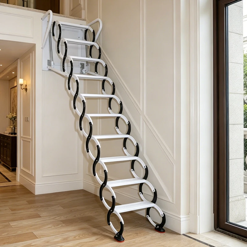 Premium Modern Heavy Duty Wall Mount Retractable Attic Stairs S Shaped Reinforced Frame Silent Telescopic Ladder 300kg Load