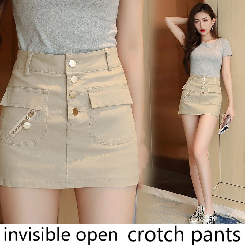 

Open-Crotch Pants Denim Short Pantskirt Hip-Wrapped Pants Skirt with Double-Headed Invisible Zipper Dating Essential Artifact