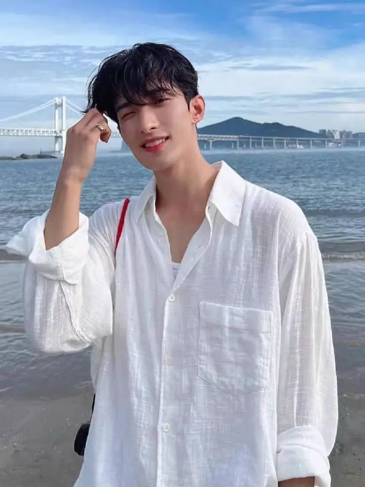 

White Linen Men's irt Breathable Summer Thin Sun Protection Outerwear Lazy Loose Long Sve irt Youth Faion Casual Wear