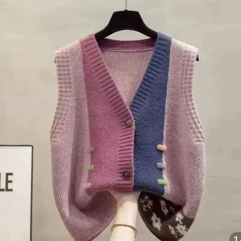 Color Blocking Sleeveless Vest Jacket Women Cardigan Sweater Waistcoat Fashion V-Neck Versatile Female Knitting Vest Coat Ladies