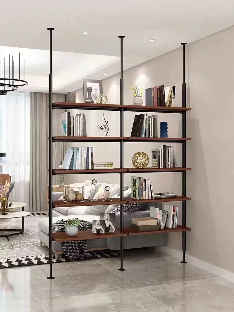 Wrought iron bookcase floor-to-floor solid wood minimalist modern living room partition shelf full wall bookshelf multi-layer