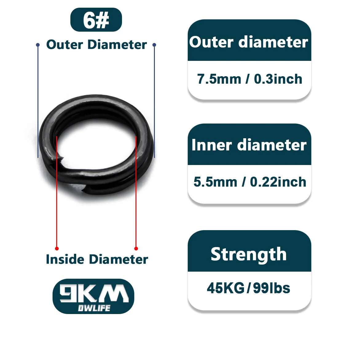 9KM DWLIFE Angelköder, geteilte Ringe, 50–200 Stück, Angelzubehör, Edelstahl, Angelhaken, Anschlüsse, Snap-Angelring, 15–55 kg, Schwarz 5