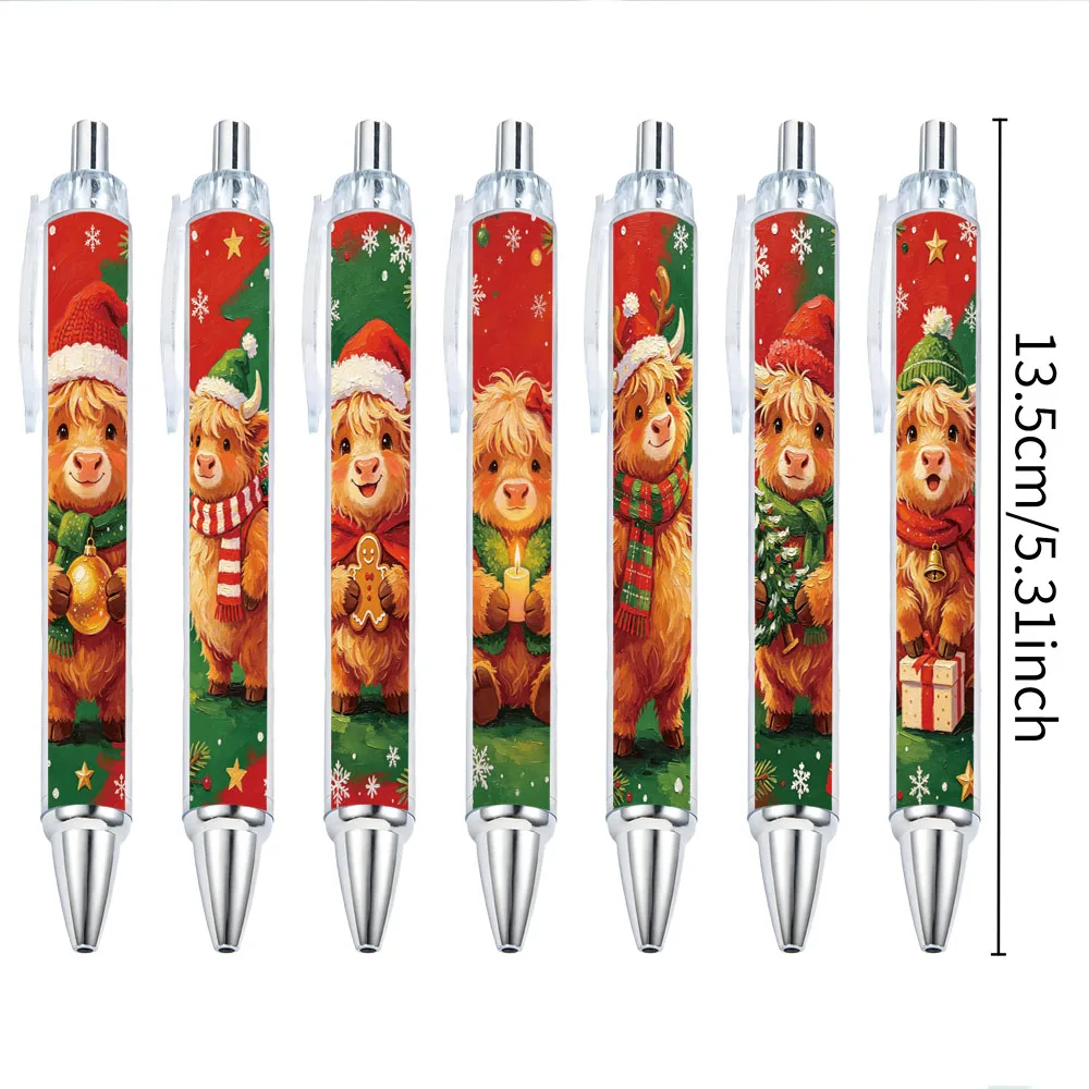 7pcs oil painting style Christmas highland cow theme press ballpoint pen holiday gift pen pattern random