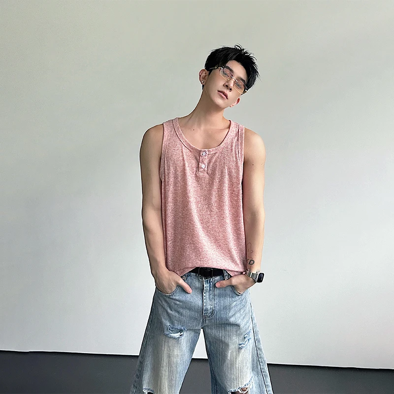 WTHT Fashion Men's Solid Color Texture Do Old Camisole Trendy Sleeveless Button Loose Casual Tank Tops Male 2026 Summer 2A3084