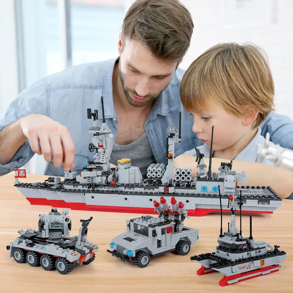 Set da costruzione portaerei 6 in 1 per città della polizia con veicoli militari per età 6-12 anni