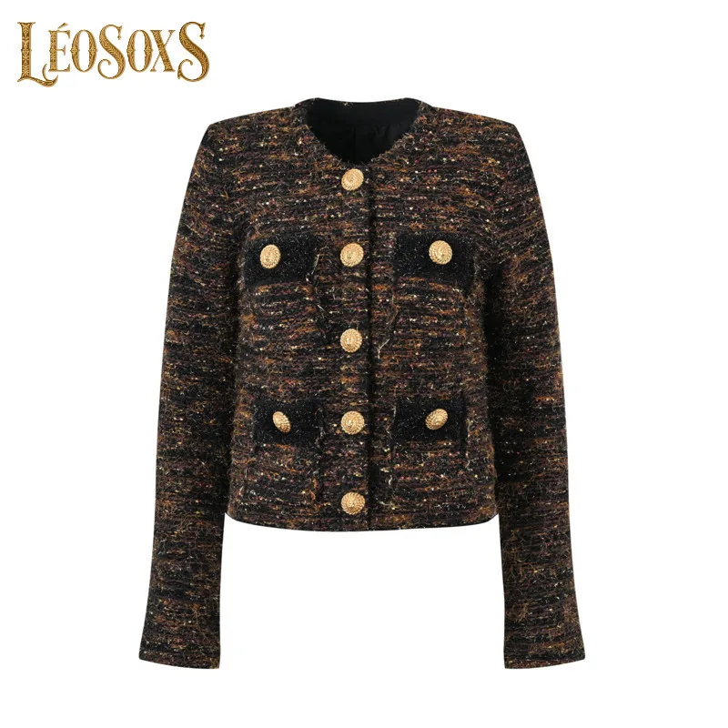 LEOSOXS Women's Long - Sleeve Tweed Jacket Gold Button Embellishment For Autumn And Winter Polished Occasions 2025