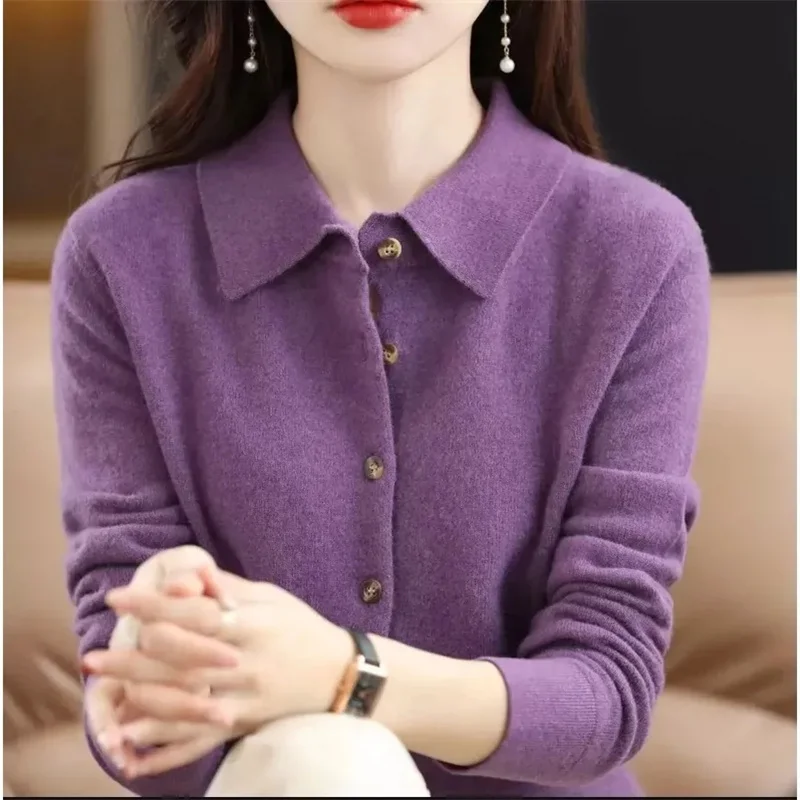 

2025 Women's POLO Collar Knitted Cardigan Basic Versatile Top Spun Wool Jacket Elegant Single Breasted Sweater