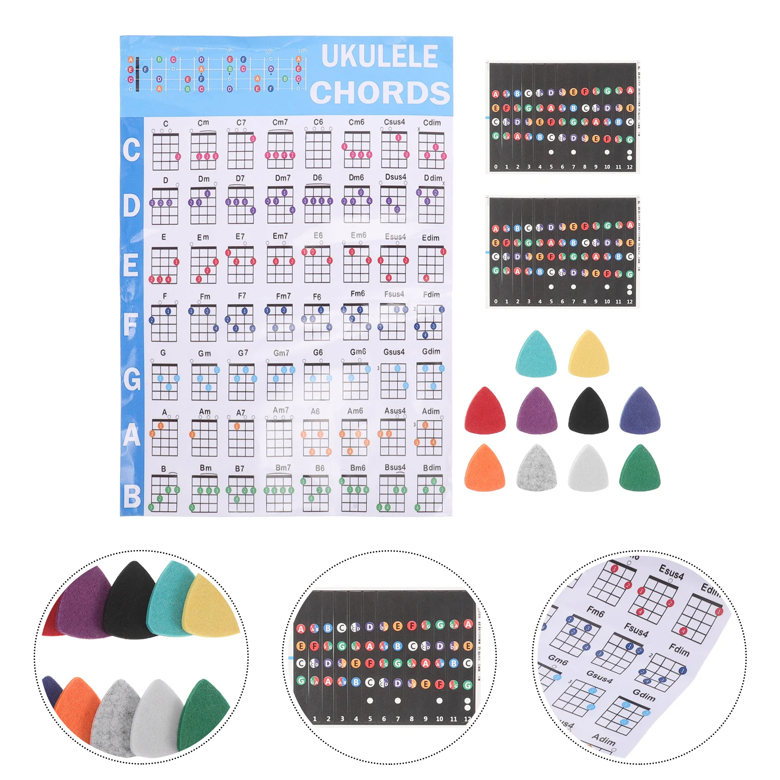 

1Set Ukulele Chord Chart Color Coded Fretboard Stickers Note Decals Picks Beginner Learning Tools Practice Kit
