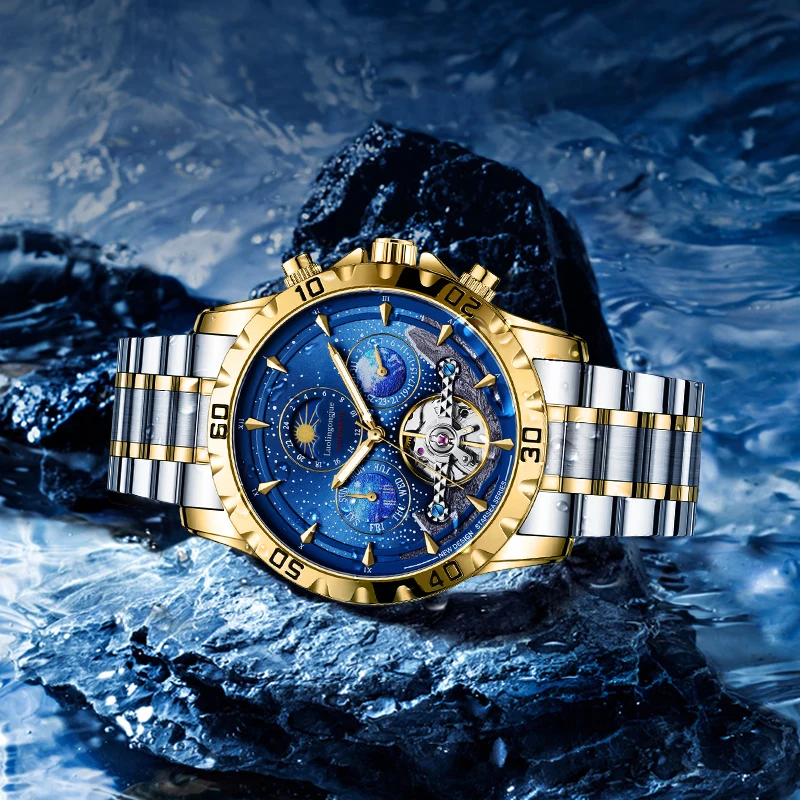 ساعة ميكانيكية رجال الأعمال الفاخرة، ساعة ميكانيكية أوتوماتيكية بالكامل مجوفة من السماء المرصعة بالنجوم للرجال، ساعة يد رجالية عصرية مضيئة مقاومة للماء، حزام من الفولاذ المقاوم للصدأ، قرص دائري عالي القيمة #5