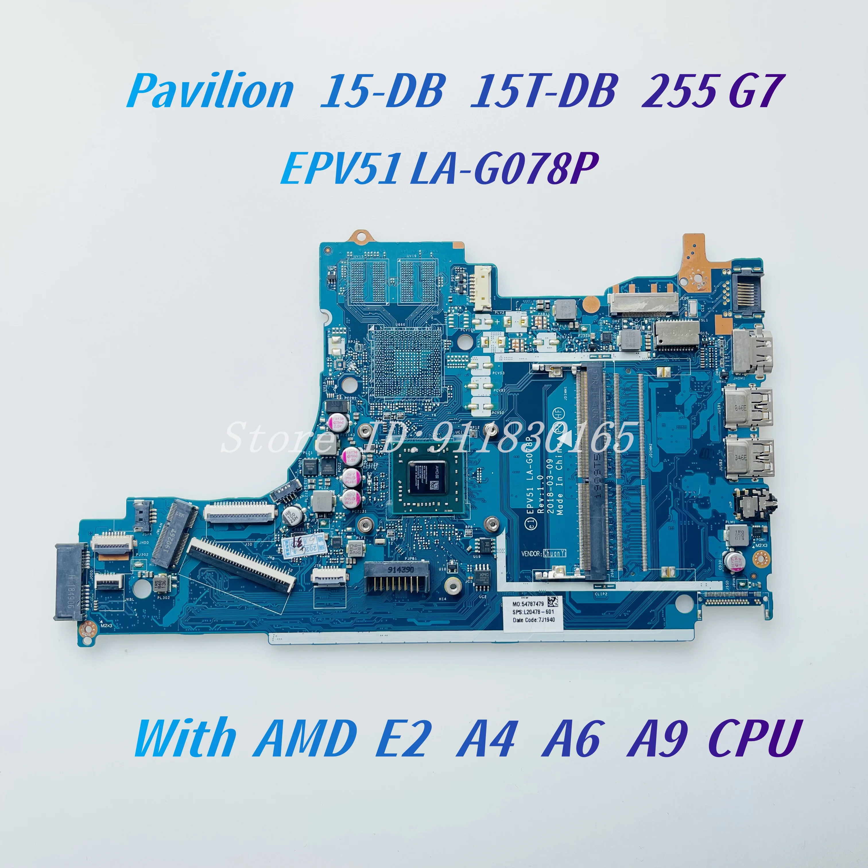 EPV51 LA-G078P For HP Pavilion 15-DB 15T-DB 255 G7 Laotop Motherboard With E2 A4 A6 A9 CPU DDR4 L20478-601 L31720-601 L20479-601