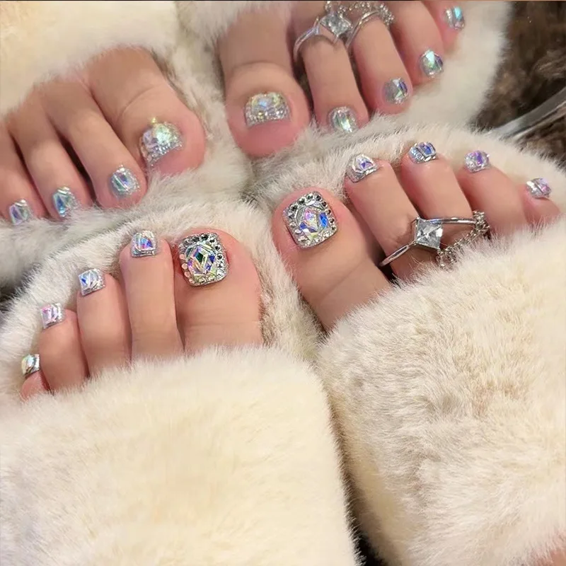 24pcs Glitter Full Diamond Fake Toe Nails Press On Feet Nail Summer Korean False Foot Nails Short Full Cover Flash Toe Nail Tips