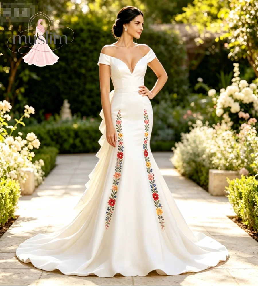 Off Shoulder Mexican Theme Wedding Dress With Colorful Floral Embroidery Satin Bridal Gown 2026 Elegant Ruffles Destination
