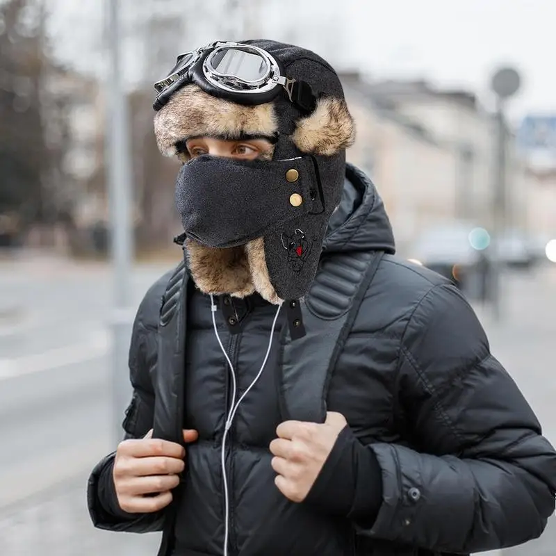 Lei Feng Hat Men\'s Windproof Hunter Hat For Men Winter Warm Trapper Hat With Goggles Earmuffs Face Cover For Cycling Skiing