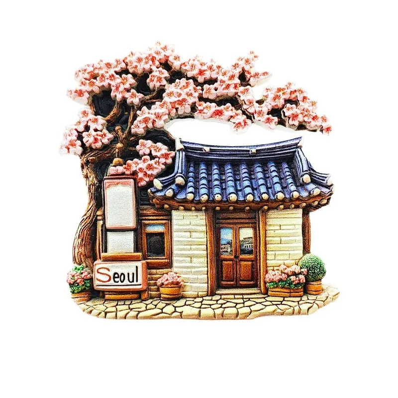 مغناطيس ثلاجة قرية سيول هانوك - تذكار منزلي كوري ثلاثي الأبعاد لتزيين السقف المطلي باللون الأزرق هدية آسيا فريدة من نوعها