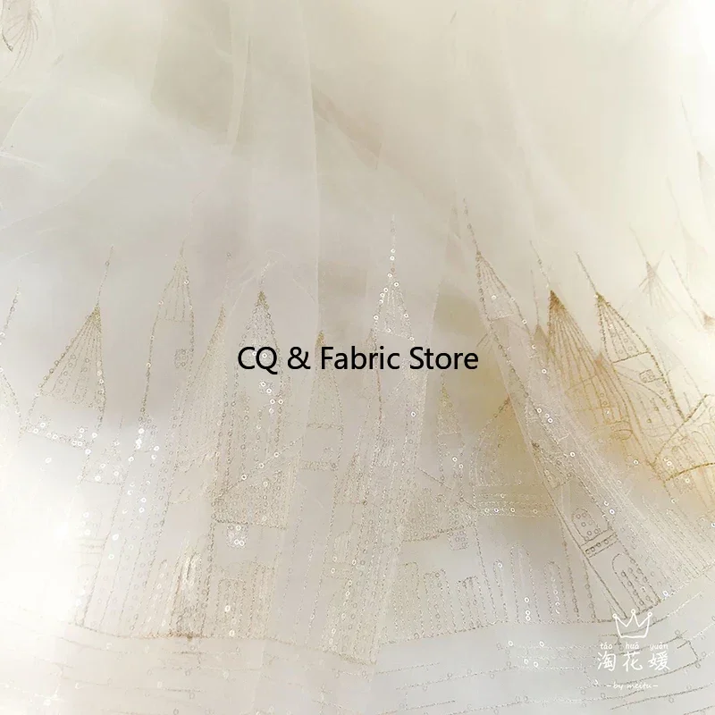 

Gold sequined castle pattern embroidered lace fabric soft tulle lace for Evening Gown, Prom Dress, Wedding Ceremony
