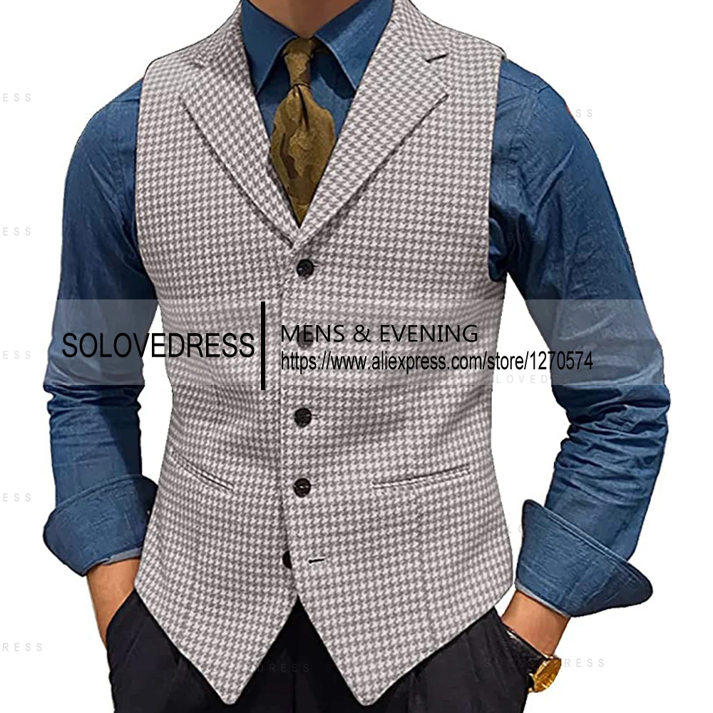 Men\'s Suit Vests Leisure Wool Tweed Plaid Waistcoat Slim Fit Vests For Wedding