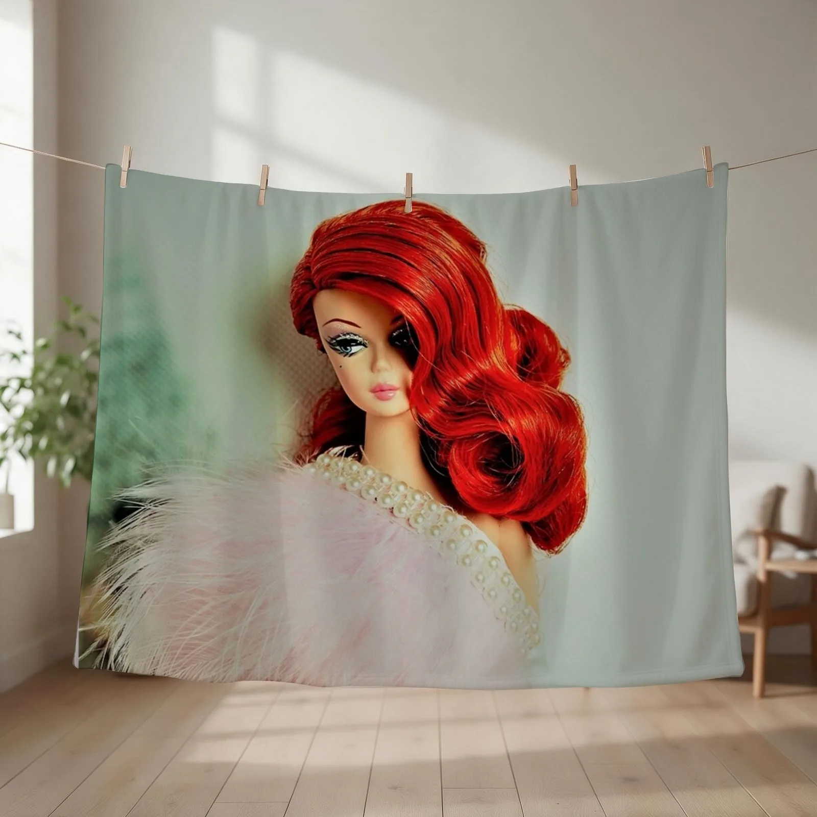 red head vintage doll pearls evening gown art edit mysticladyart Throw Blanket