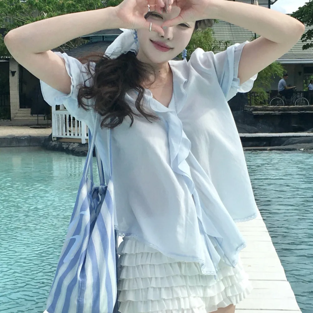 

Chic Summer Simple Color V-neck Ruffle Splice Short Sleeve Button-up Women's Shirt Korean Style Loose Fit Breathable