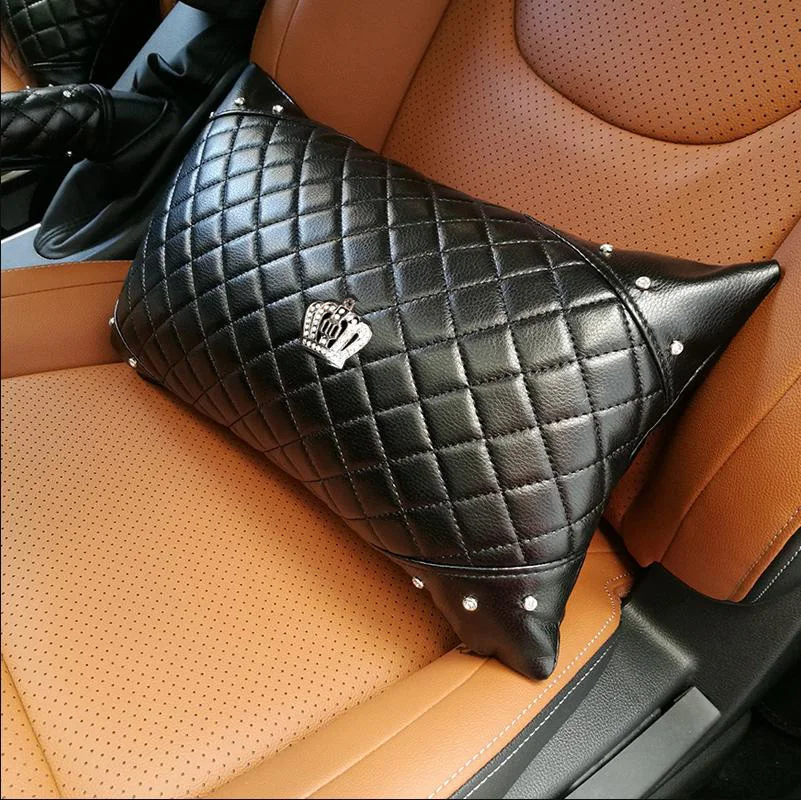 Fashion Crystal Crown Leather Car Neck Pillow Auto Bone-Shaped Headrest Seat Support Waist Pillows Car Interior Accessories