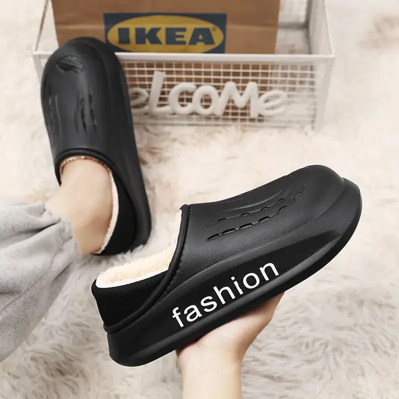 Winter Shoes Men Warm Slippers Plush Fur Slides Couples Concise Home Cotton Shoes Men Platform Waterproof Outdoor Fluffy Slides
