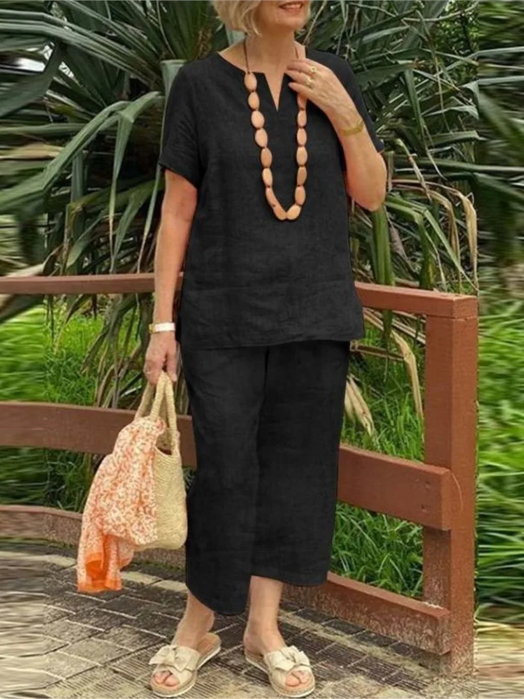

Female Casual Solid Set Fashion Short Sleeve V Neck Pullover Tops+Long Pants Two Piece Sets For Women Summer Womens Clothing New