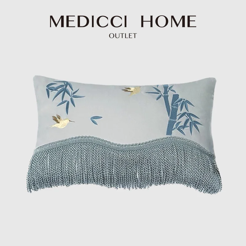 

Medicci Home Oriental Aesthetics Blue Bamboo Bird Embroidered Cushion Cover Luxury Accent Chair Sofa Lumbar Pillow Case 30x50cm