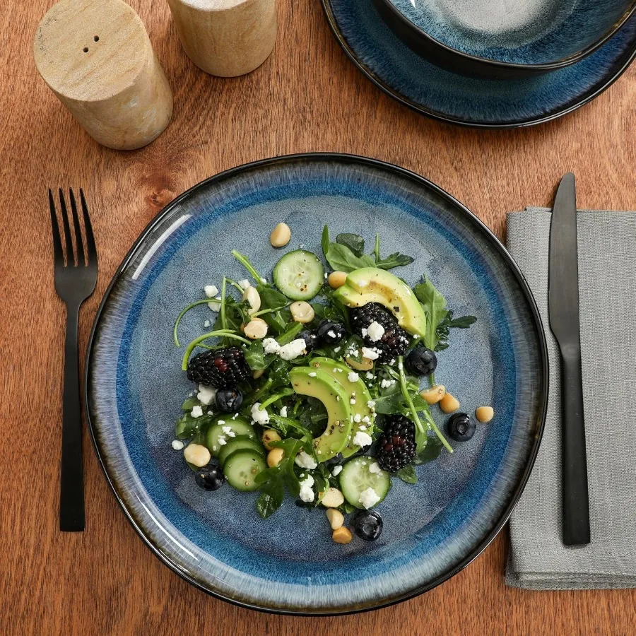 خدمة Nardini مكونة من 12 قطعة لـ 4 أطباق وأطباق طلاء تفاعلي من الخزف الحجري طقم أواني طعام من السيراميك باللونين الأسود والأزرق لـ Moder