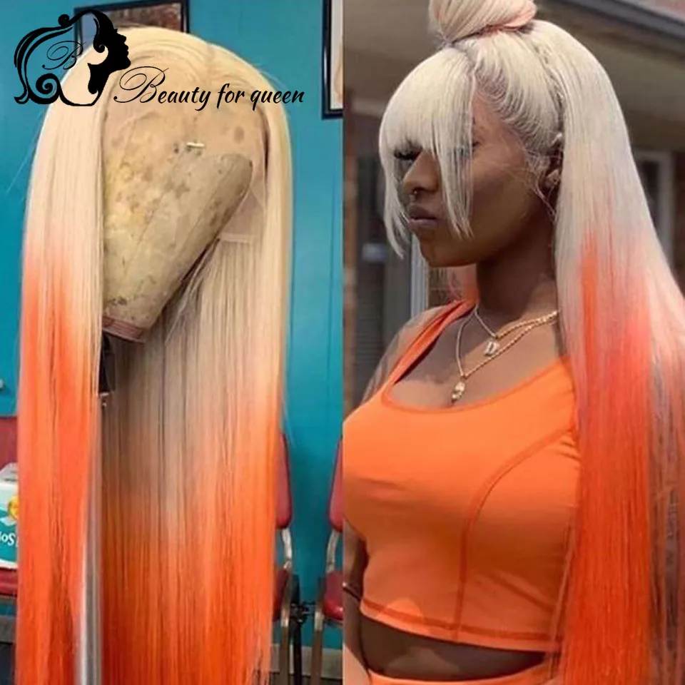 Peruka z ludzkich włosów z przezroczystą koronką typu lace front, żółto-pomarańczowa, 13x4, 100% ludzkie włosy, jakość włosów ludzkich, gęstość 180%, odpowiednia dla dziewcząt.