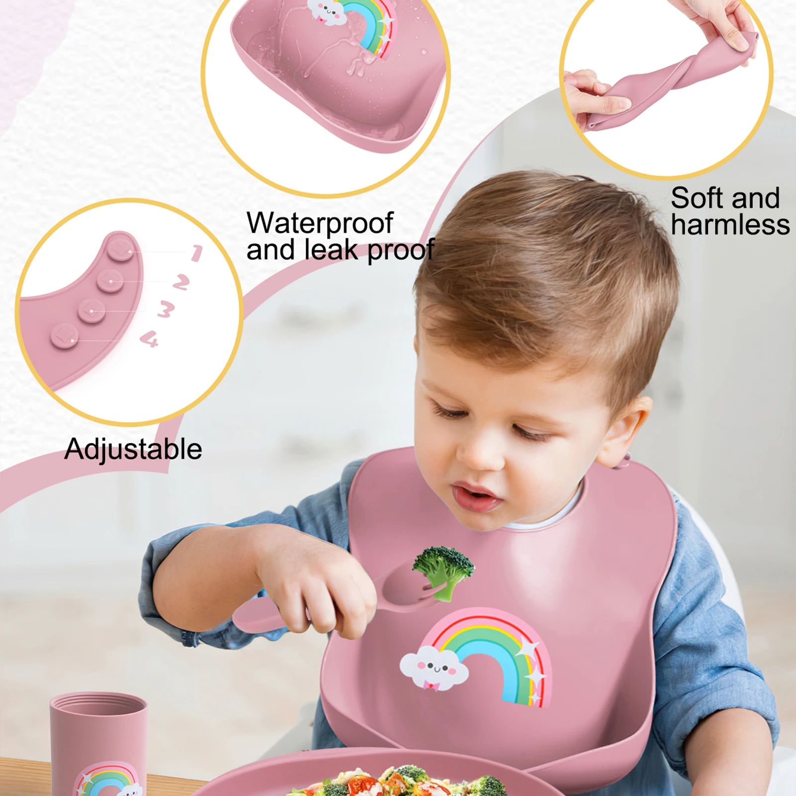Ensemble d'alimentation en Silicone imprimé pour bébé, complément alimentaire, vaisselle et bols avec ventouses, bavoir de poche, gobelet couvert, 3 pièces