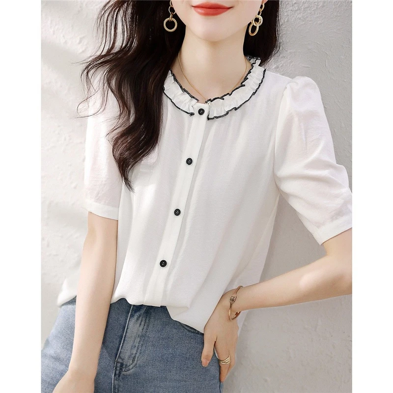 Womens Ruffle White Elegant Chic Button Up Shirt Summer Korean Fashion Short Sleeve Commute Blouse Sweet Loose Tops Blusas Mujer