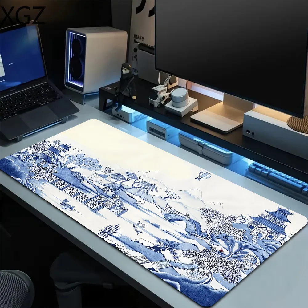 

XXL big lock edge game mouse pad table mat Chinese blue and white Blue Art elements PC laptop keyboard protection carpet Коврик