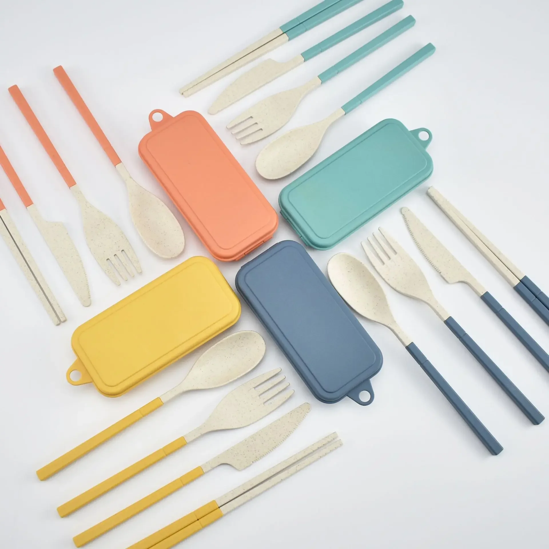 

5pcs/set Portable Reusable Spoon Fork Travel Picnic Chopsticks Wheat Straw Tableware Cutlery Set with Carrying Box