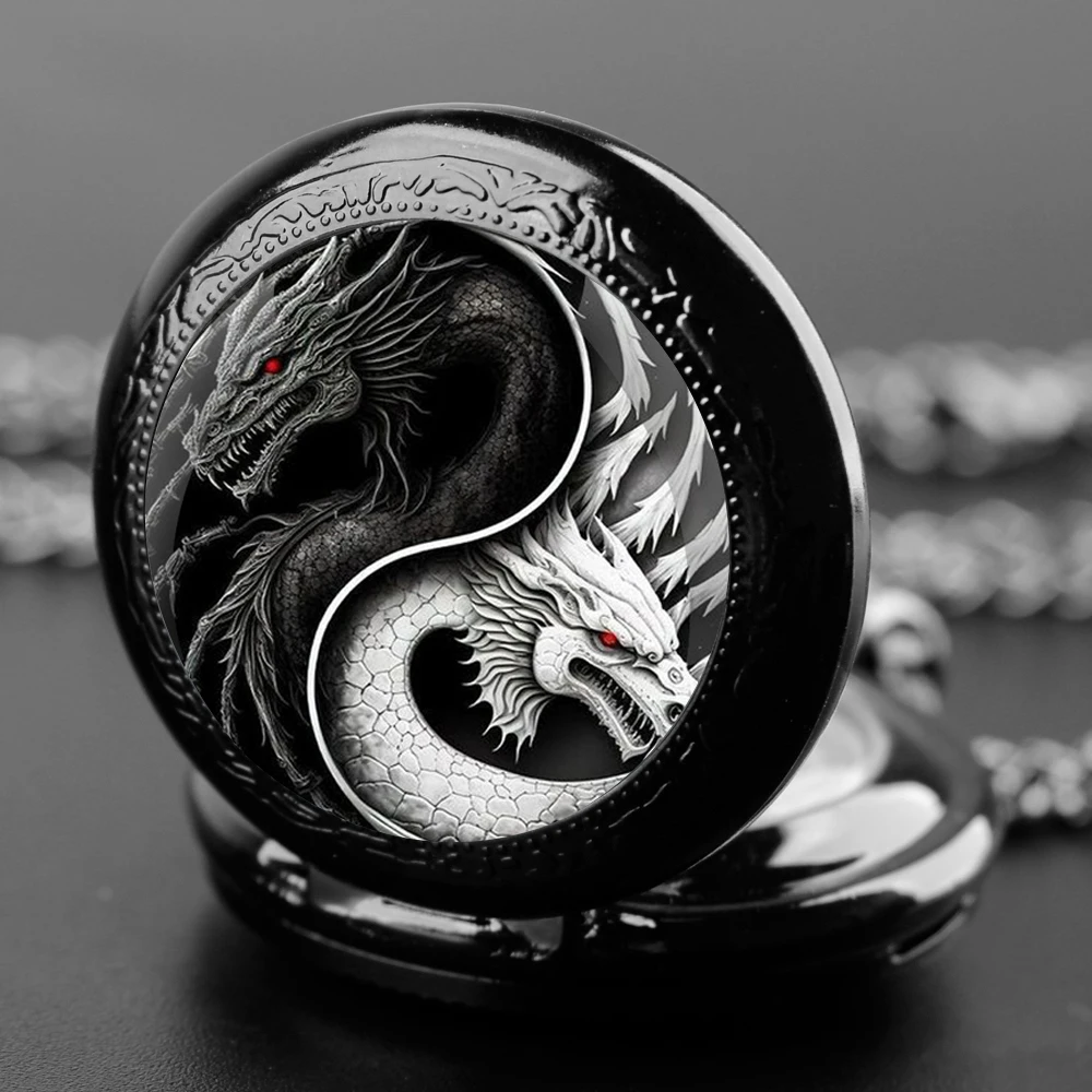 Mode Persönlichkeit Yin und Yang Drachen Muster Design Quarz Taschenuhr Halskette für Frauen Männer Geschenk Vintage Souvenir