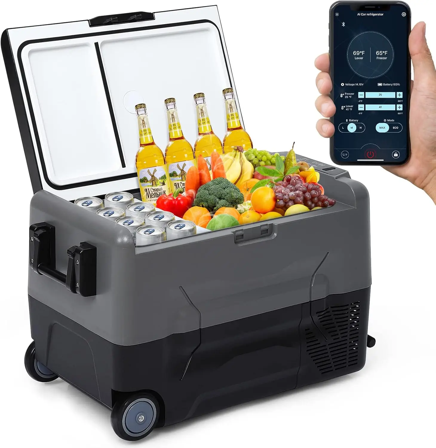 Portable Upgraded Car Refrigerator, RV Car Fridge Dual Zone APP Control, 58 Quart (55L) Freezer -4℉-68℉ 12/24V DC & 110-240V AC