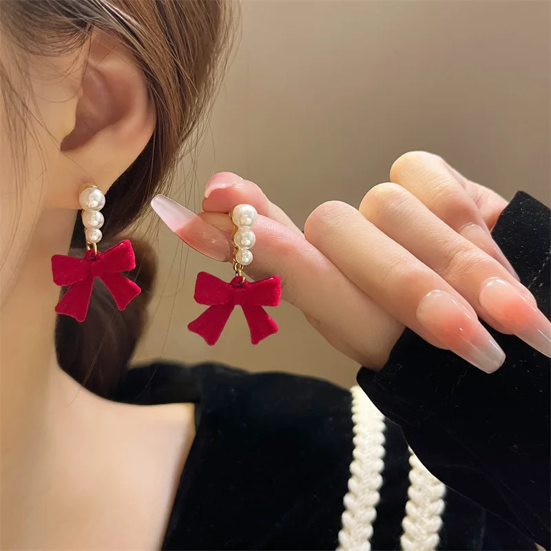 Sweet Bowknots Imitation Pearl Flocked Earrings for Women Girls Trendy Elegant Red Black Ear Accessories Jewelry earring Gift