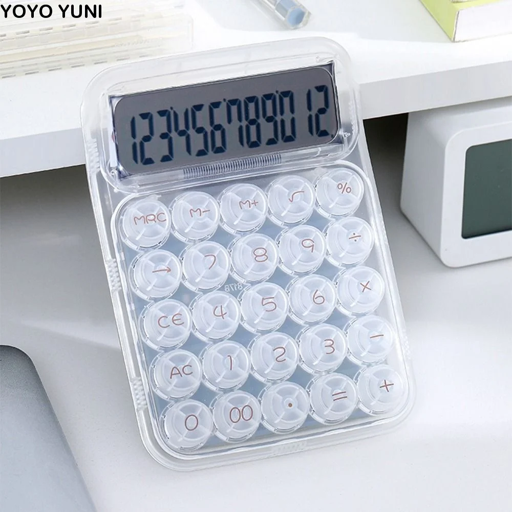 12-digit Display Electronic Calculator Transparent Large Button Desktop Calculator Large Screen Anti-slip Pad Student Calculator