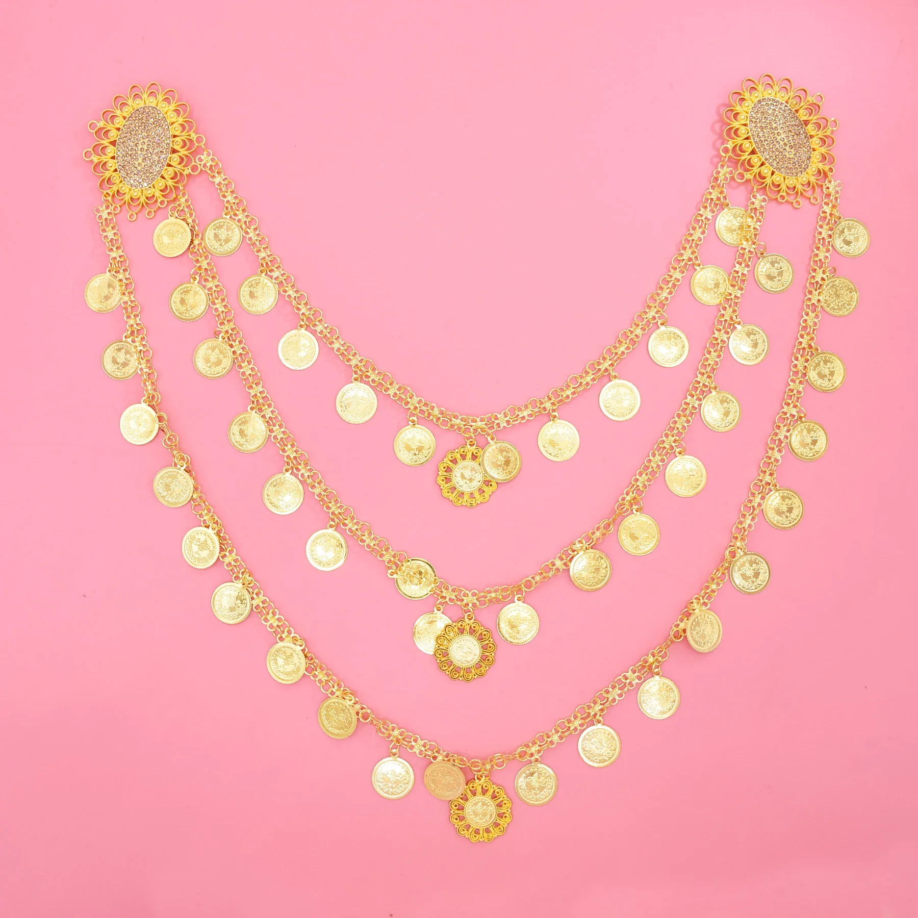 Bohemian Alloy Carved Coin Tassel Bib Pin Chain Shoulder Jewelry For Women Wedding Clothing Accessory Kurdish Arabic Jewelry
