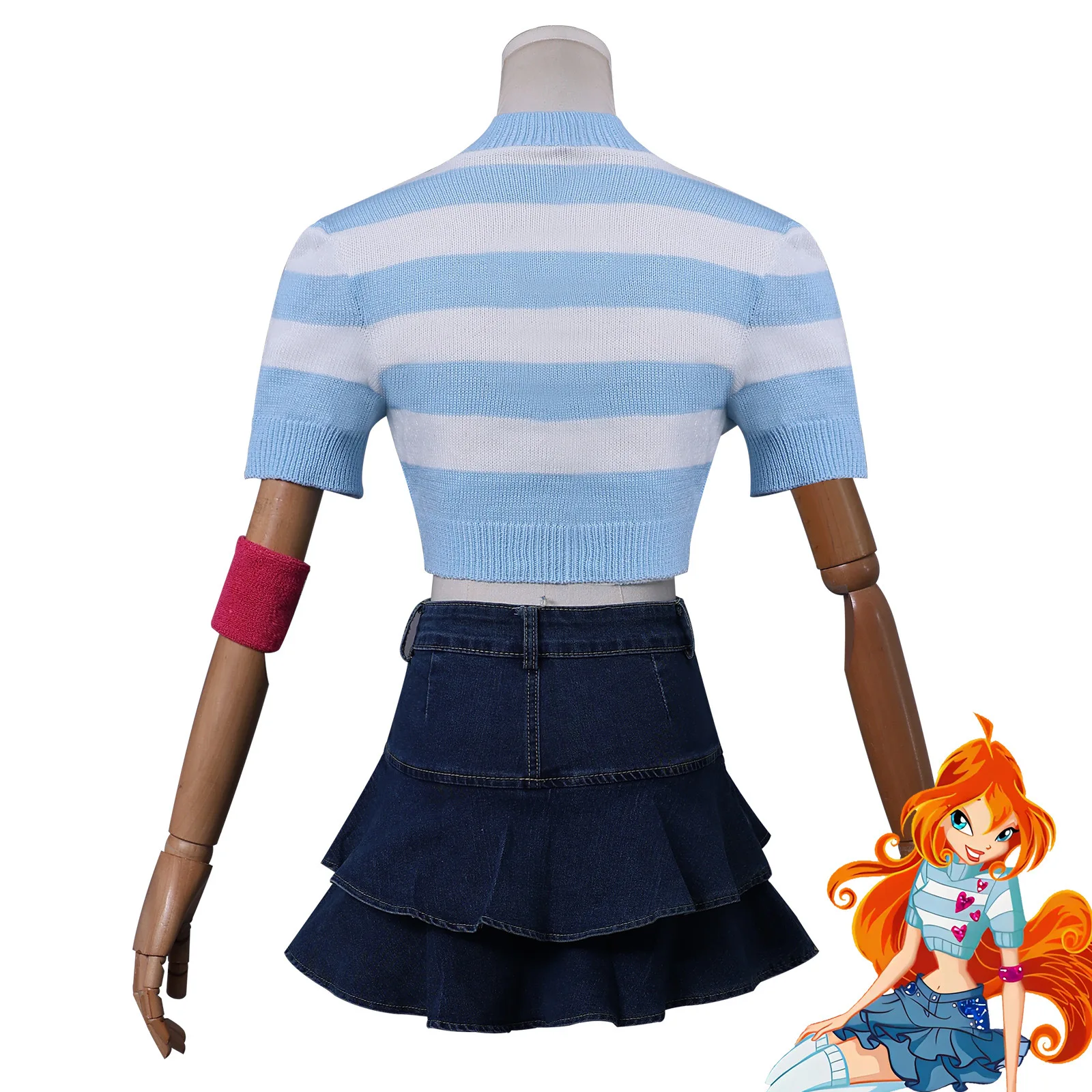 Bloom Cosplay Costume Wig Blue White Stripe Heart Crop Knit Top & Double Layer Denim Mini Skirt Full Set for Women