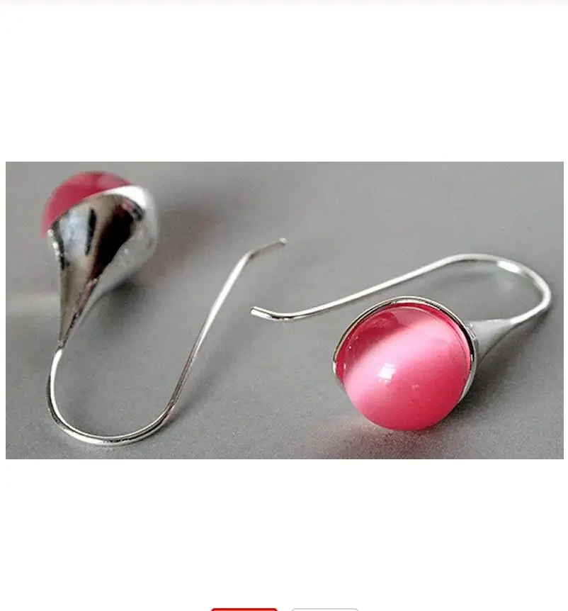 

Pretty 14mm Red Cat's Eye jade Opal 925 Sterling Silver Hook Earring 1 1/2''