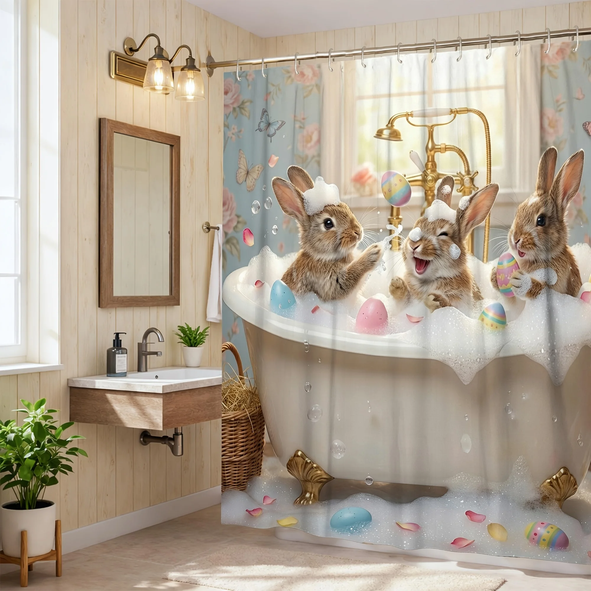 

Забавные зайчики, купающиеся в ванной, водонепроницаемая шторка для душа, легко чистится, защита от посторонних глаз, забавный весенний художественный дизайн, прочные материалы