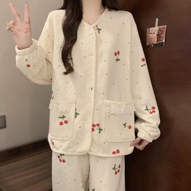 autunno inverno addensare abbigliamento da donna pigiama per il tempo libero comodo pigiama in cotone set ragazza maniche lunghe tenere al caldo il vestito homewear