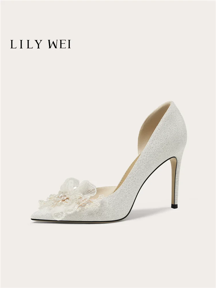 Spring new pointed side air sequin bead lace flower wedding shoes banquet large size small size widened high heels women's shoes