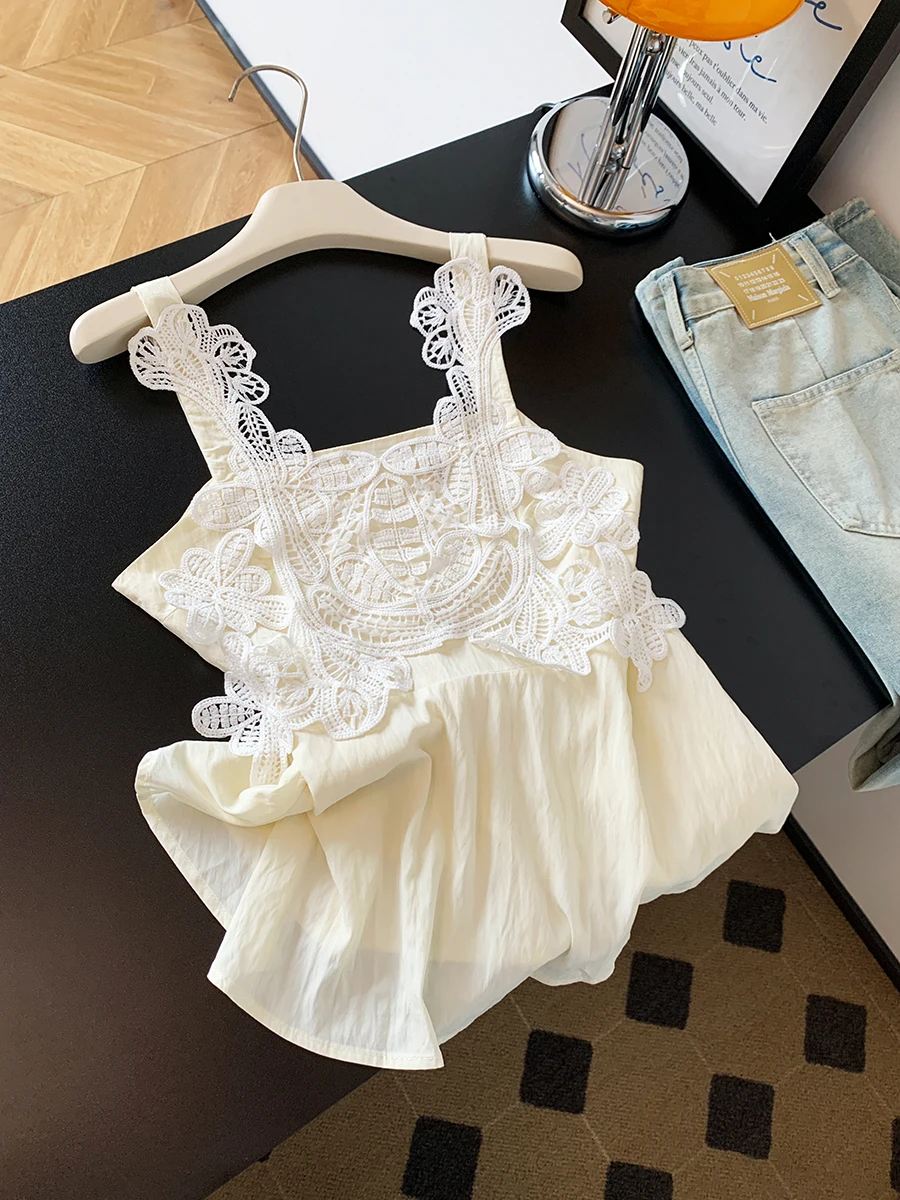 

Летняя женская блузка с кружевной цветочной вышивкой, тонкая, с вырезами, прямого кроя, без рукавов