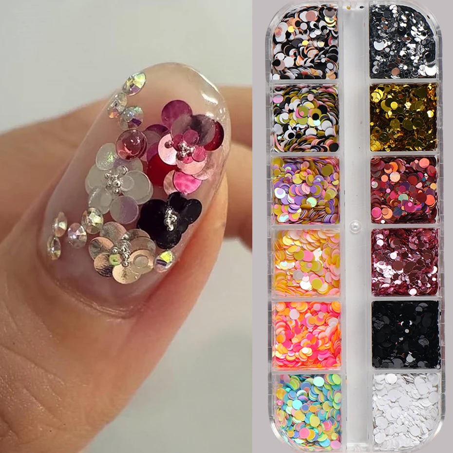 12 Grids Glitter Polka Dots Nail Sequins Y2K Laser Effect Multi-sized Circle Dots Nail Flakes DIY Sparkling Dots Nail Charms