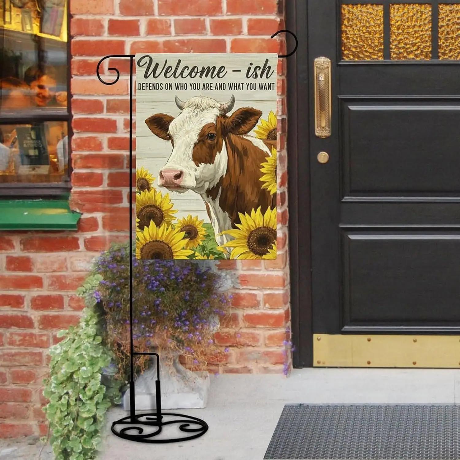 Rustic 'Welcome-ish' Cow Garden Flag, Seasonal Flower Symbol, Patio Farmhouse Outdoor ZZM