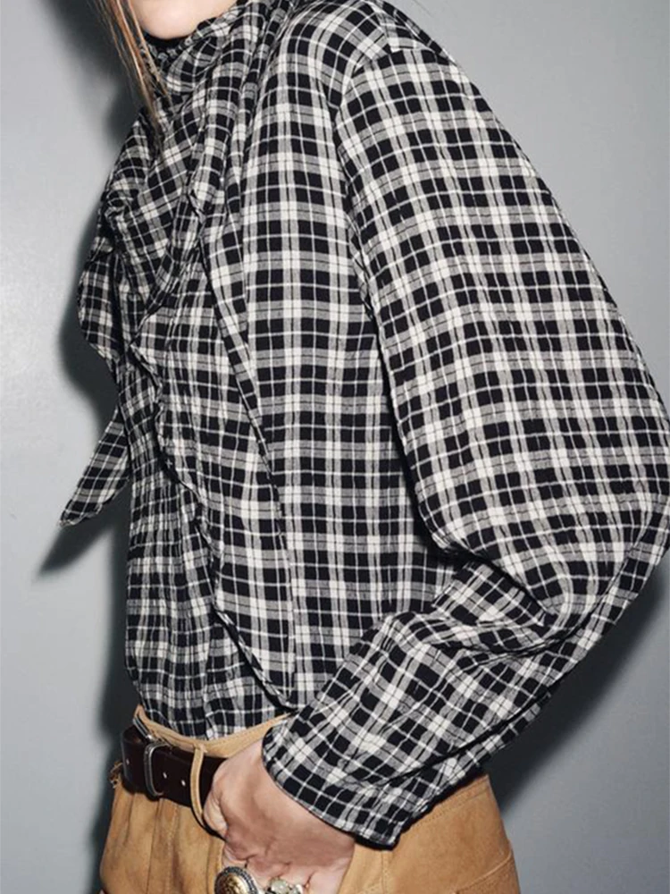 Retro Boog Lace Up Geruit Shirt Vrouwen Casual Ronde Hals Lange Mouw Losse Blouse Dame 2025, Herfst Dagelijks Pendelen Uitloper Nieuw