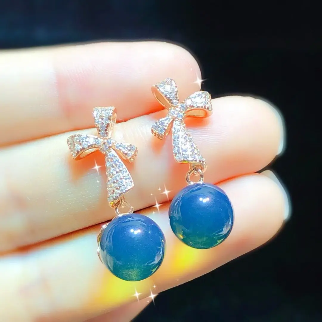 

Certificate 925 Pure Silver Natural Mexican Sky Blue Amber Bowknot Eardrop Dangling Earring 18K Rose Gold Plated Rare Jewelry