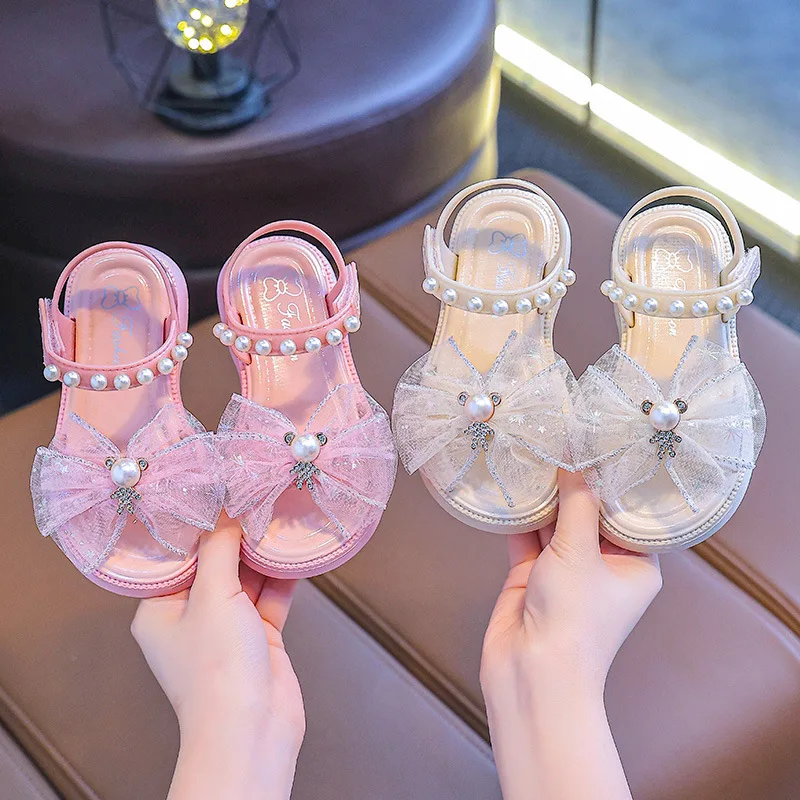 

New Summer Bow Pearl Ornament Flat Sandals For Girls Aged 1-7 Children Slippers Non-slip Outdoors Seabeach Flip Flops Kids Shoes