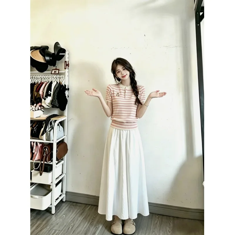 Korean Style Women's Fashion Summer 2026 High Waist Midi Skirt And Top Set Chic Glowing Handmade Sewing Short Sleeve T-Shirt